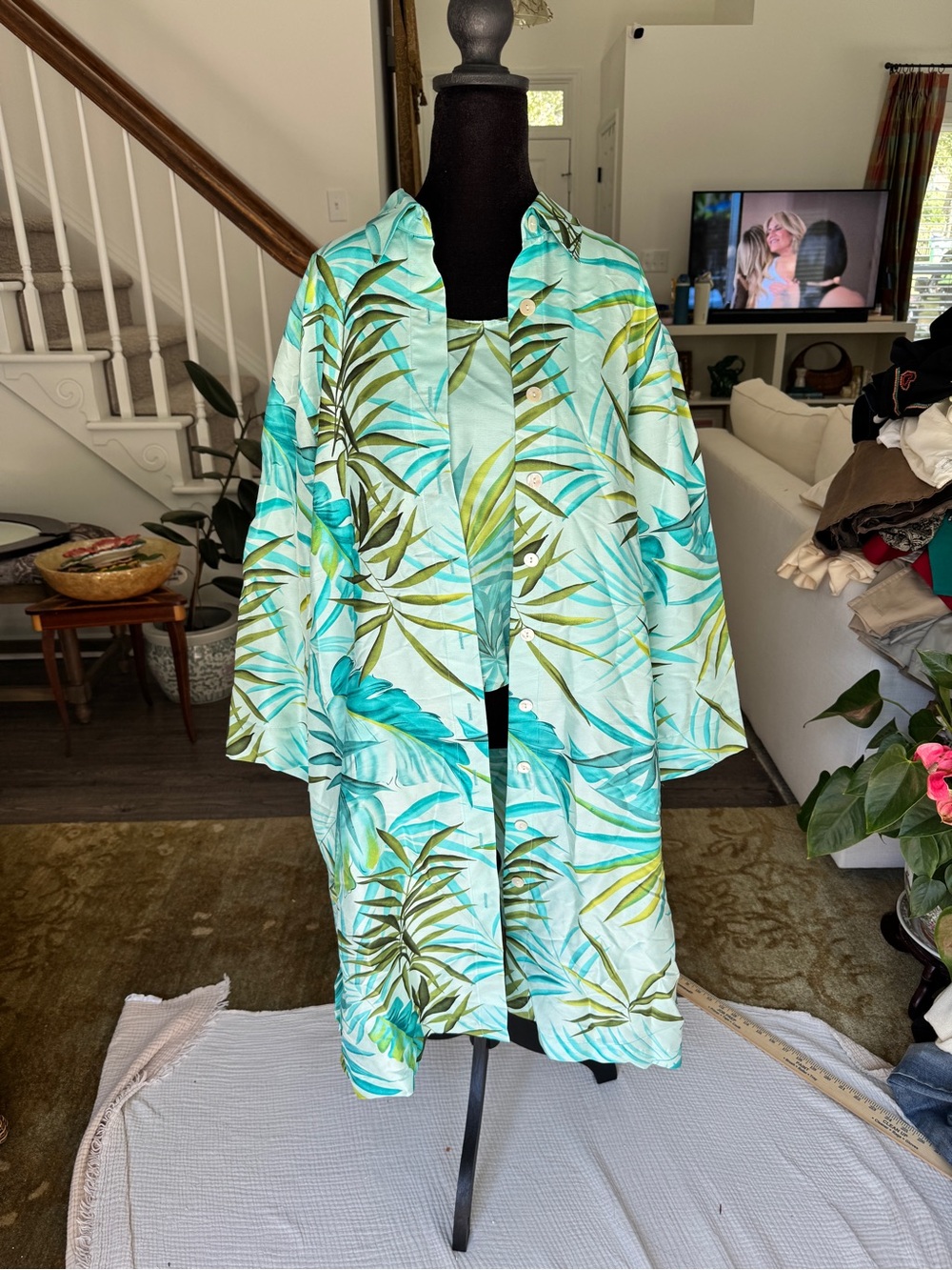 Harve Benard Aqua and Green Tropical Button-Front Swim Cover-Up